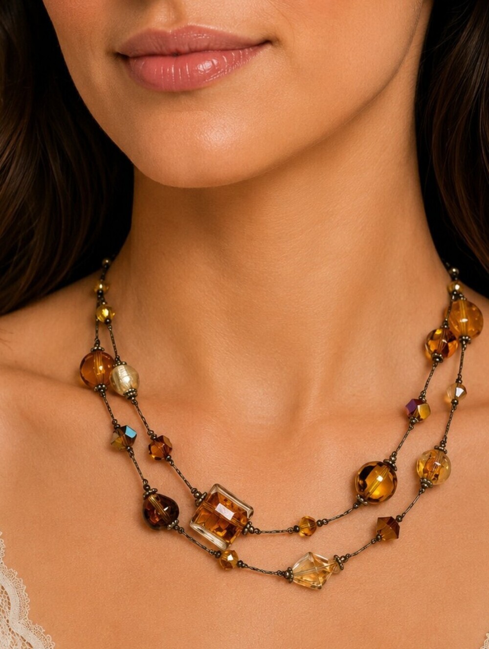 PREMIER DESIGNS Amber Foil Lampwork Glass Bead Chain Station Necklace